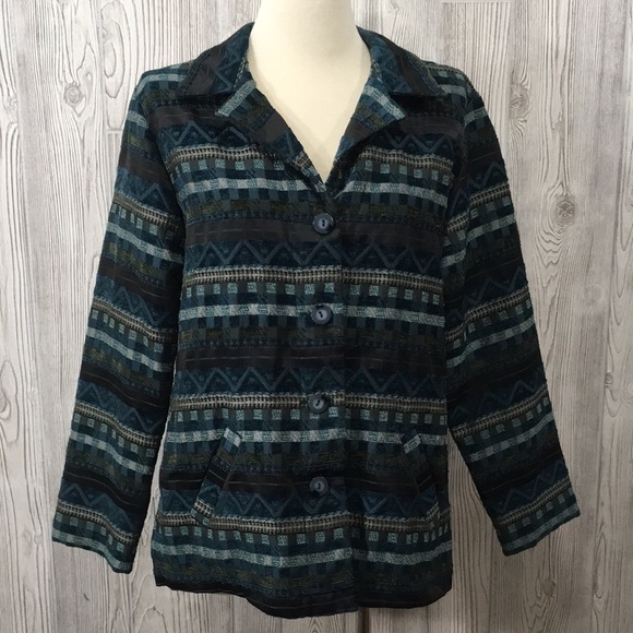 Vintage Womens Blazer Blue Turquoise Geometric Pattern Size 14 - Picture 1 of 9
